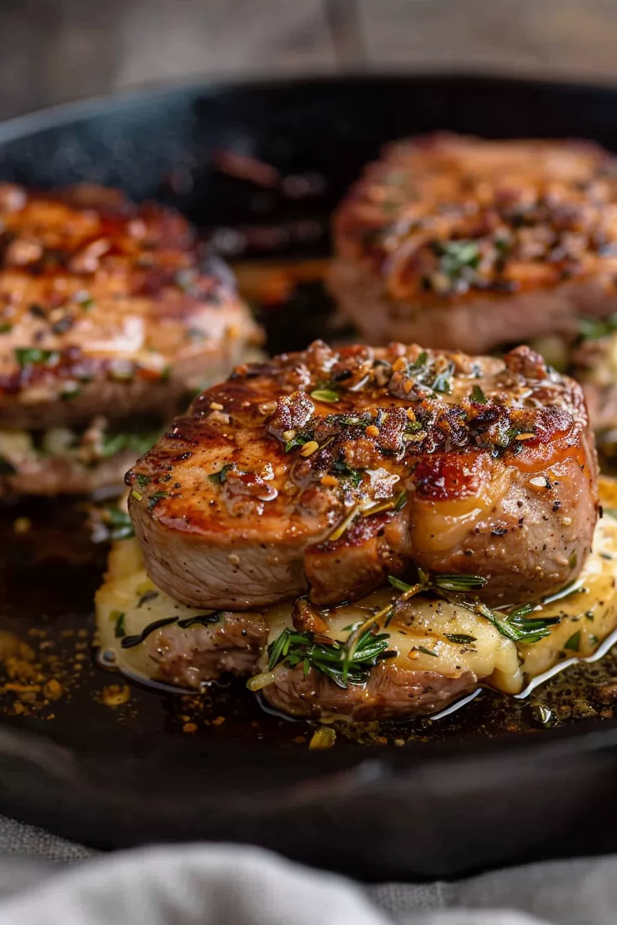 Stuffed pork chops on a plate, showcasing the rich cheese filling and crispy edges.