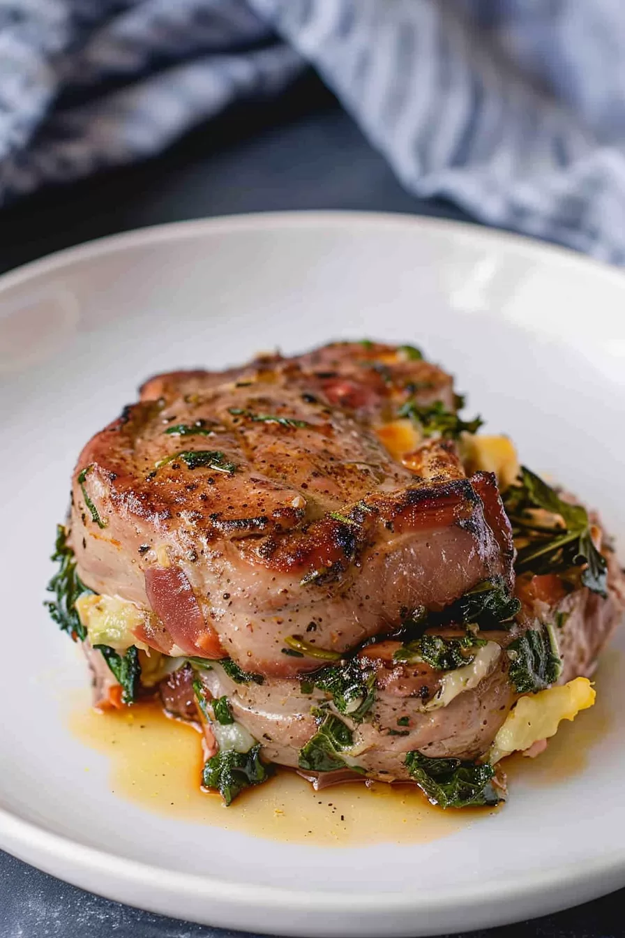 Overhead view of stuffed pork chops, oozing with melted cheese and garnished with fresh herbs.