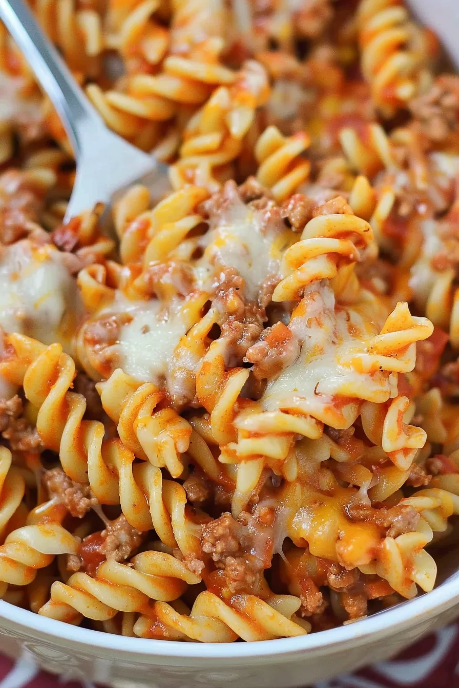 Creamy Cheesy Pasta with a Twist: A delicious blend of pasta, cheese, and taco-seasoned beef, served hot and ready to enjoy, with hints of fresh cilantro on top.