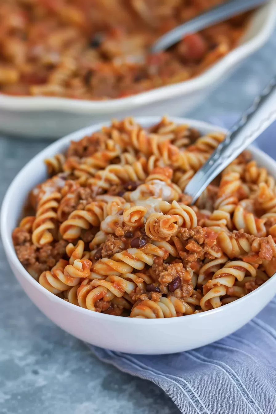 Flavorful Pasta with Beef and Cheese: A serving of cheesy pasta with seasoned beef, topped with a sprinkle of herbs, combining classic pasta and taco flavors.