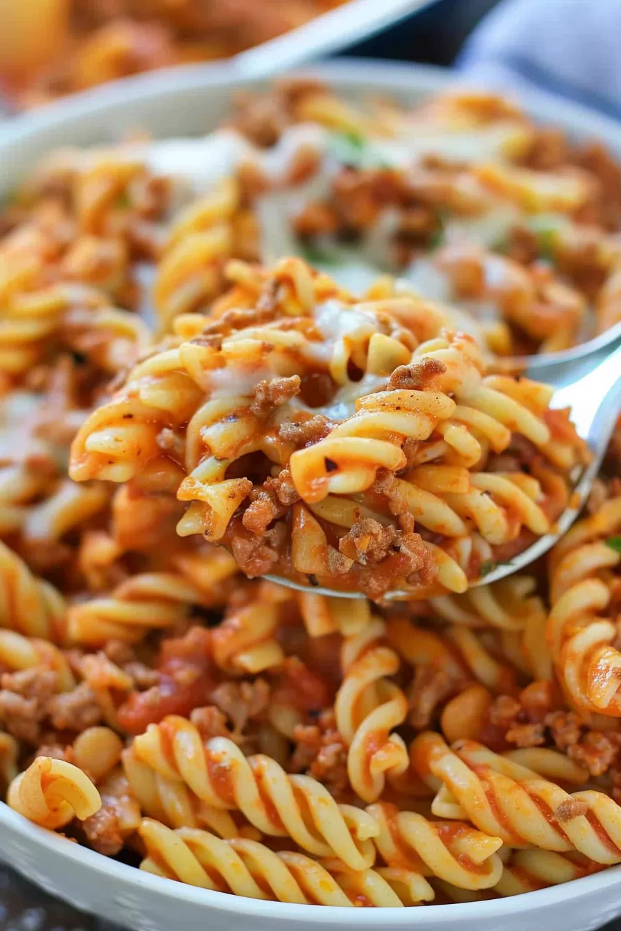 Savory and Cheesy Pasta Dish: A comforting pasta dish with a creamy cheese sauce, mixed with seasoned ground beef and sprinkled with fresh herbs.