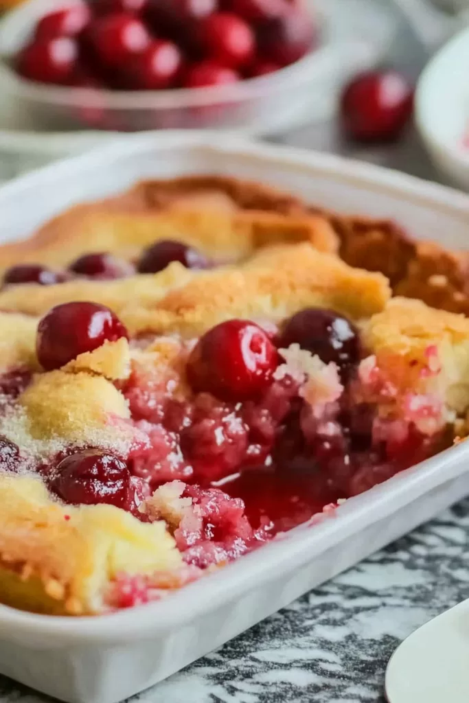 A baking dish filled with freshly baked cherry dump cake, with cherries peeking through the golden topping.