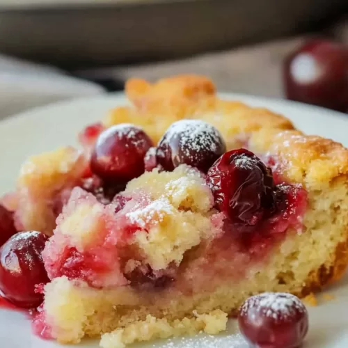 A side view of cherry dump cake, showing the layers of sweet cherries and buttery crust.