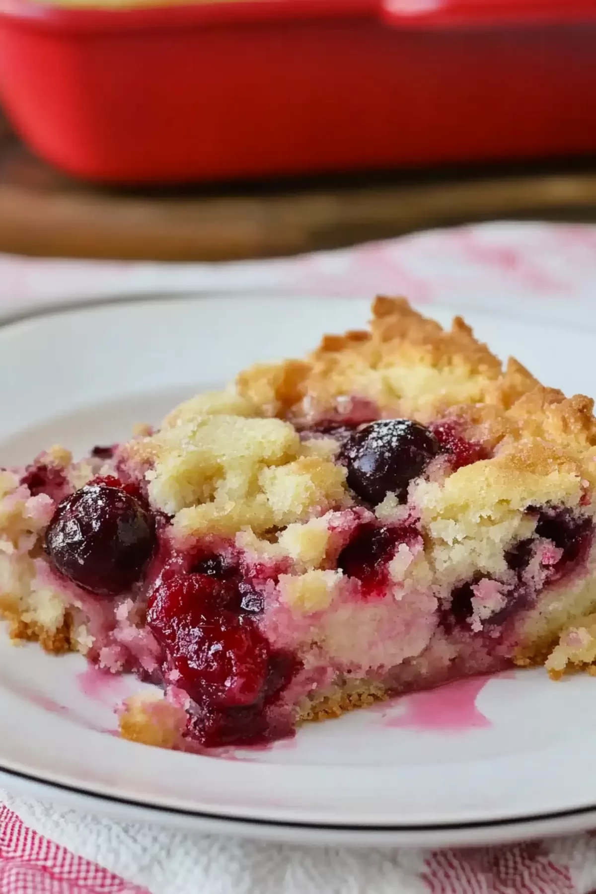 A slice of cherry dump cake served on a white plate, topped with a sprinkle of powdered sugar.