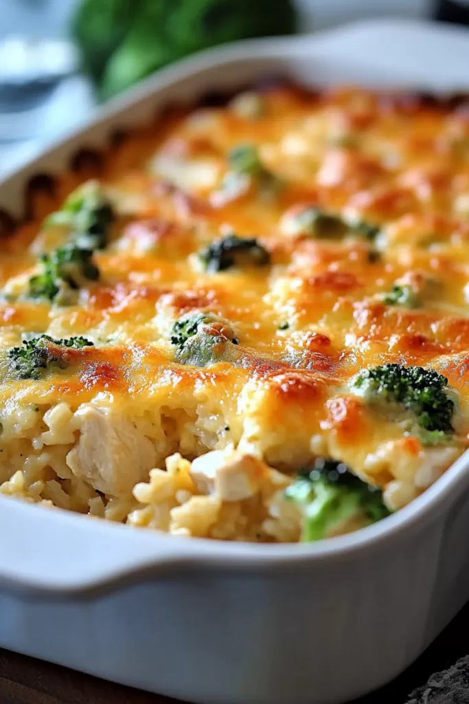 Close-up of a slice showing broccoli florets, tender chicken, and rice in a rich sauce.