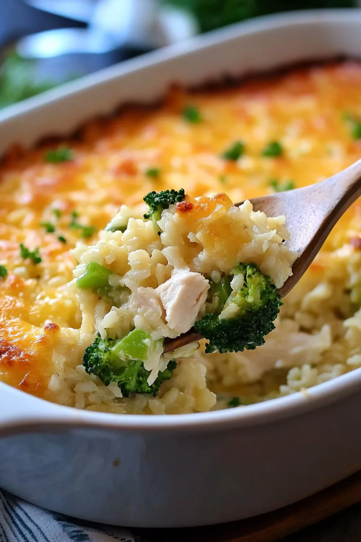 Creamy casserole with layers of rice, broccoli, and a melted cheese topping.