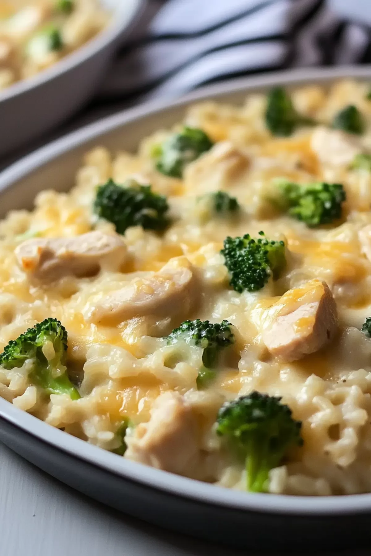 Side view of a baked dish with visible broccoli and rice layers in a creamy filling.