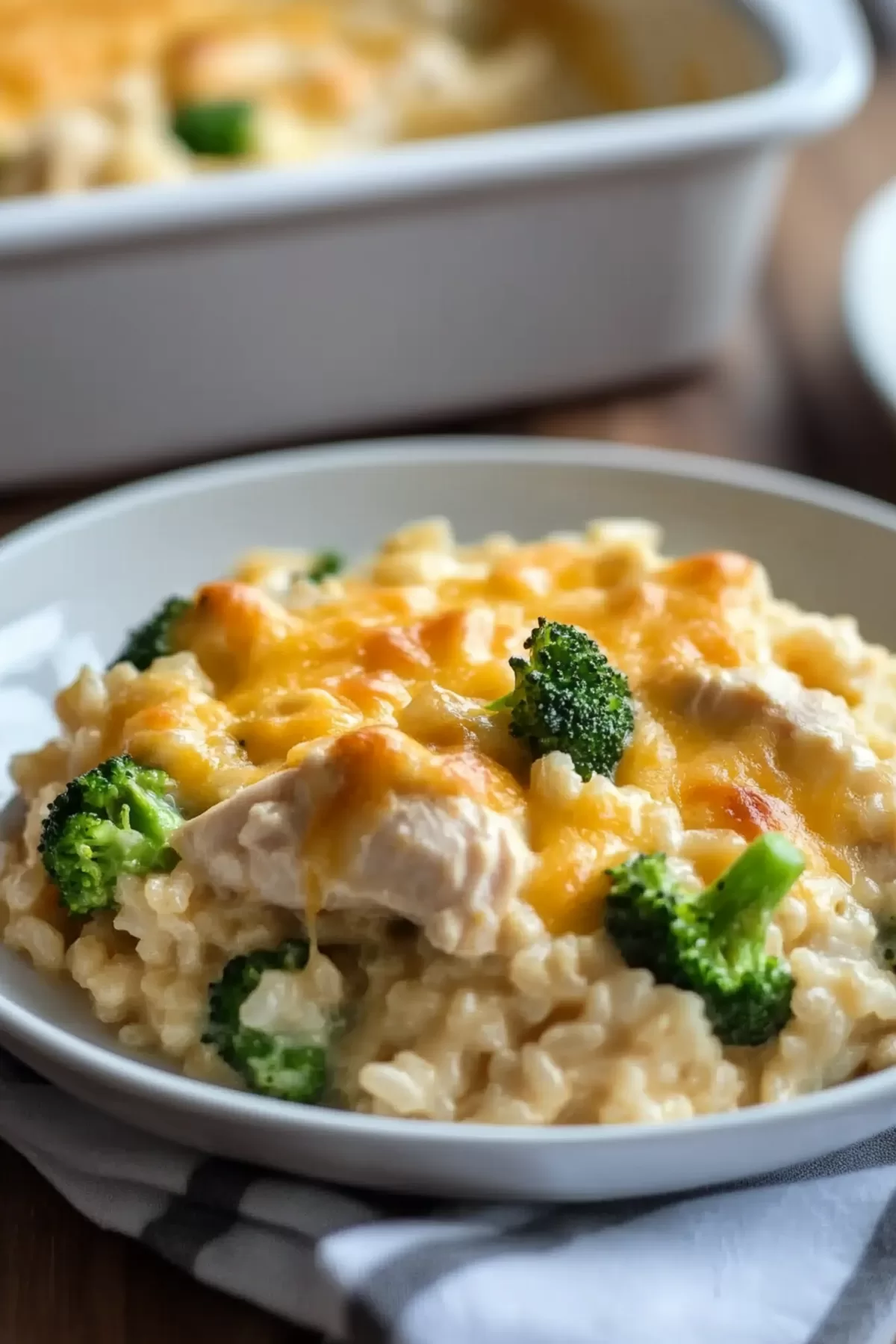 A hearty serving of casserole on a plate, showcasing its cheesy and creamy texture.