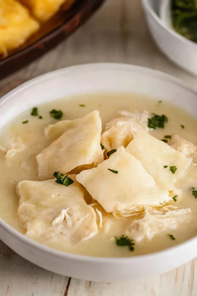 A bowl of tender dumplings in a creamy, savory chicken broth, garnished with fresh herbs.