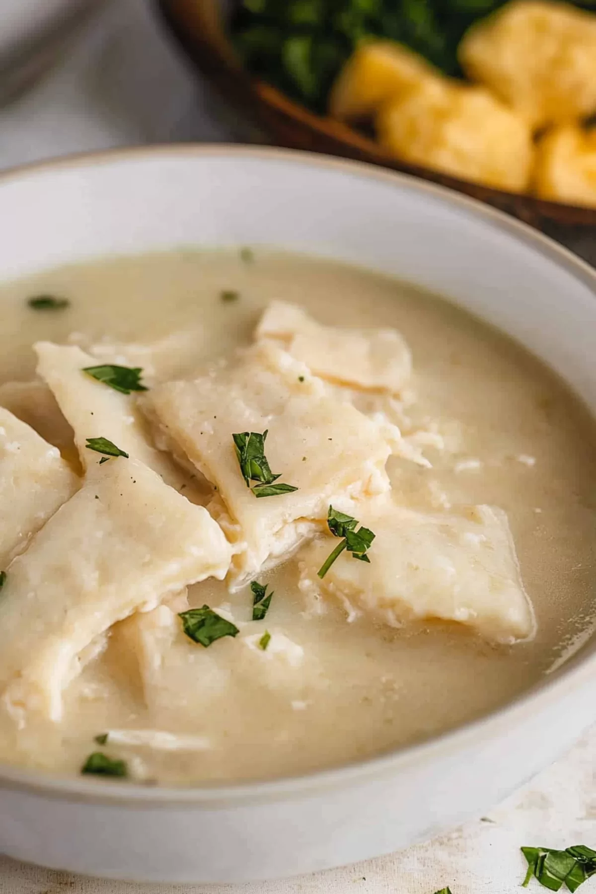 Close-up of soft, pillowy dumplings served with shredded chicken in a hearty sauce.