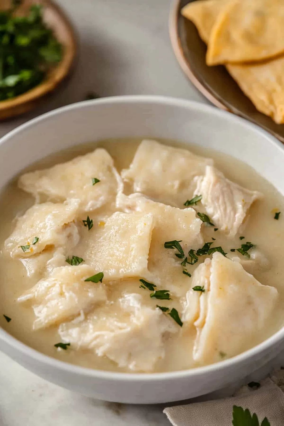 A serving of dumplings and juicy chicken, topped with a sprinkle of black pepper.