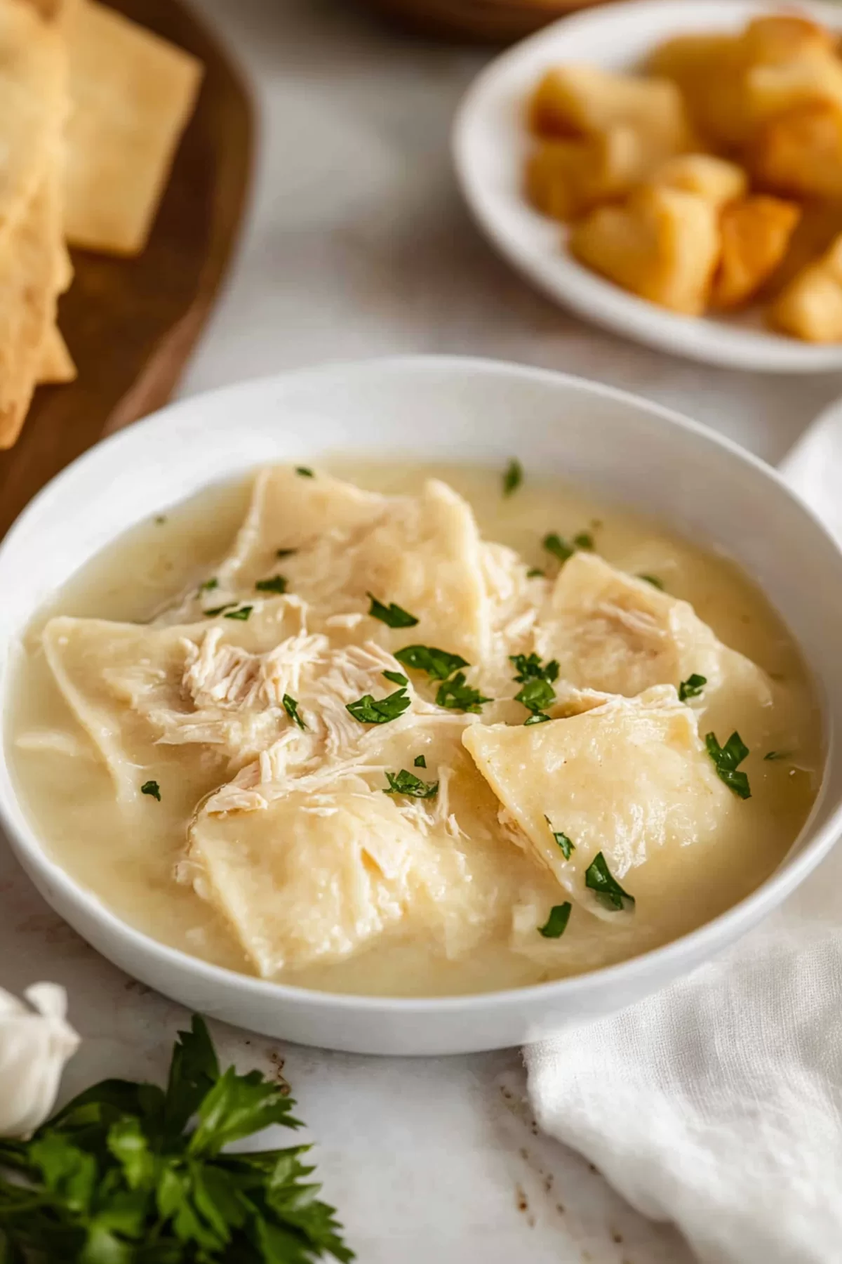 Homestyle meal featuring fluffy dumplings and tender chicken in a flavorful broth.