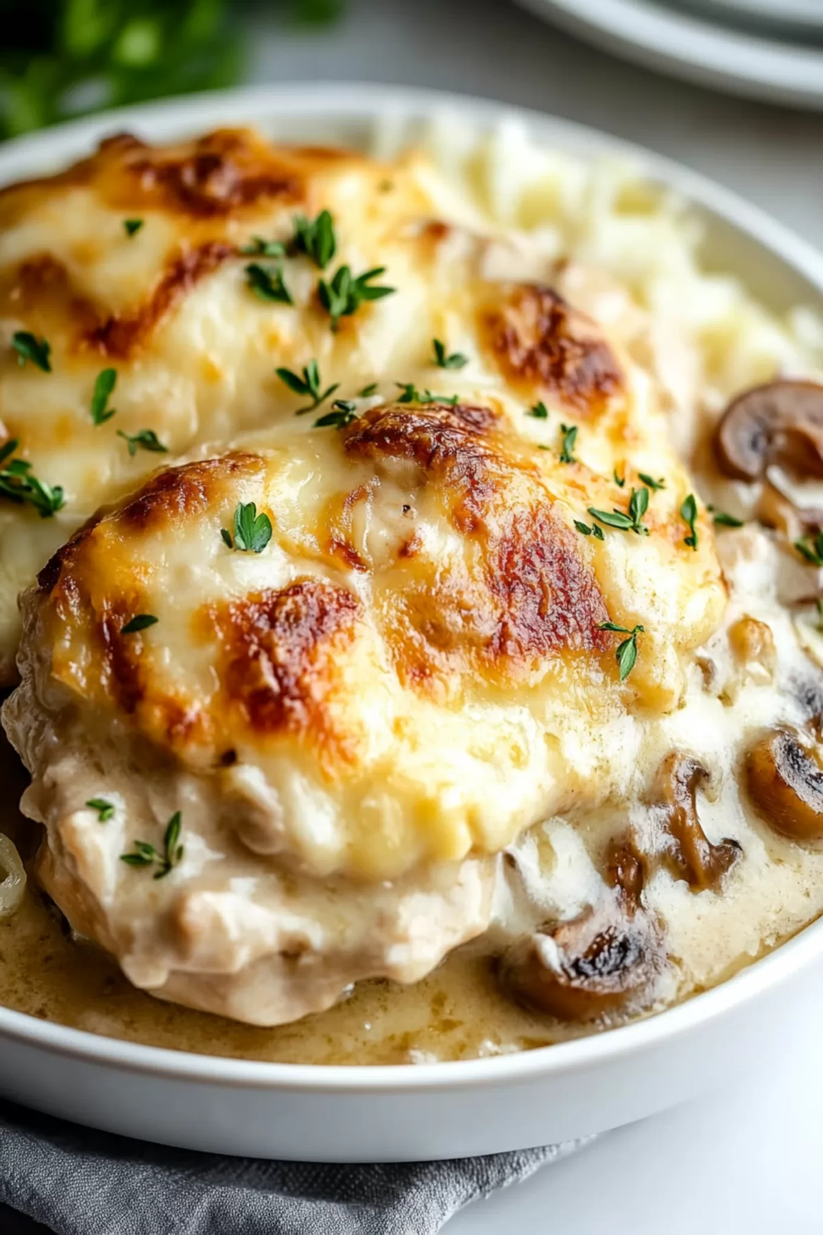 Golden-brown casserole featuring tender chicken topped with melted cheese and mushrooms in a creamy sauce.