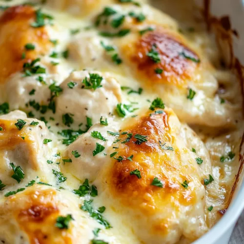 Close-up of a baked chicken dish with a cheesy crust and rich, creamy mushroom sauce.