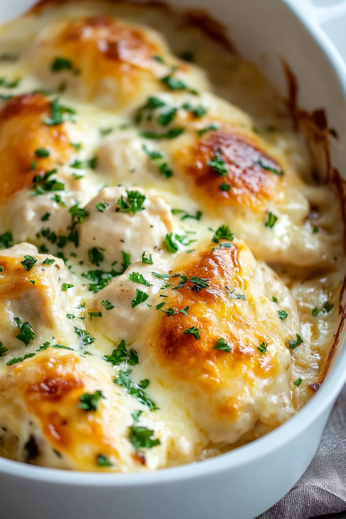 Close-up of a baked chicken dish with a cheesy crust and rich, creamy mushroom sauce.