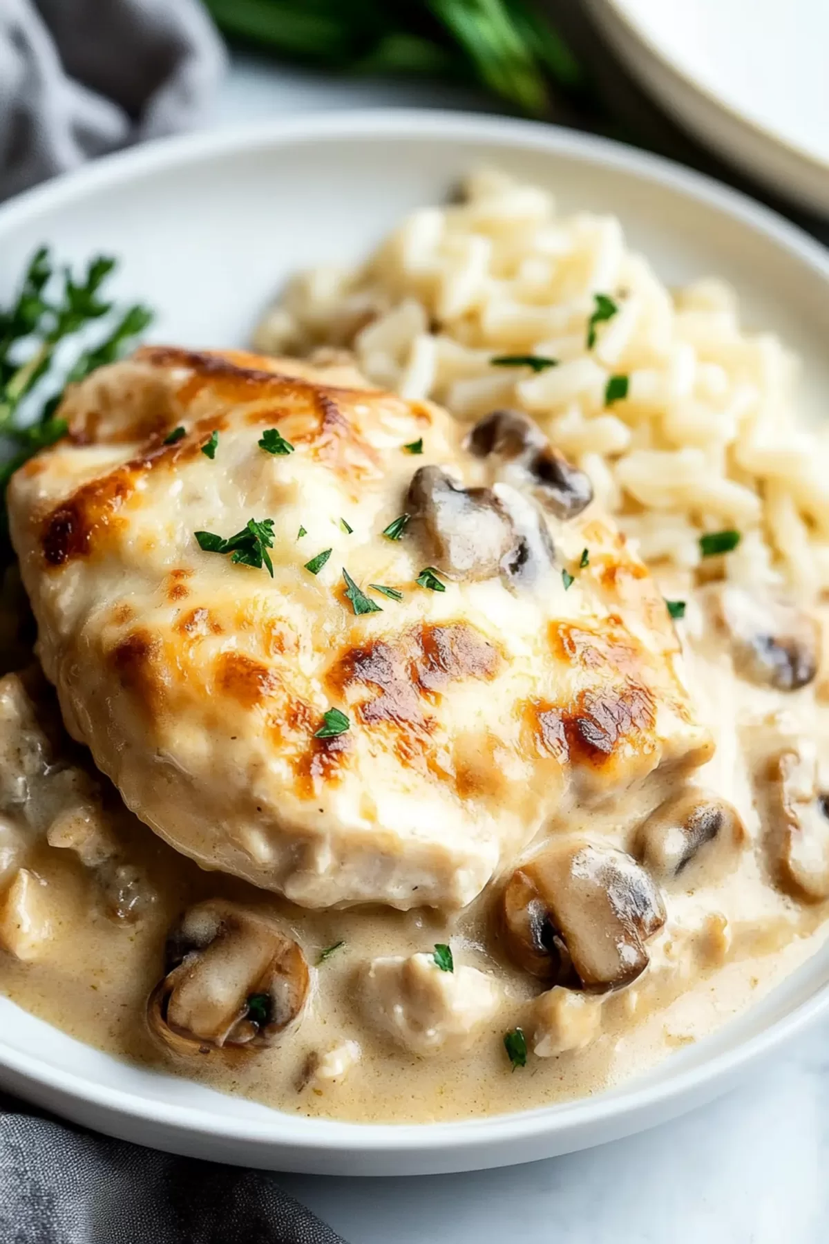 A casserole dish showcasing layered chicken, mushrooms, and cheese, garnished with fresh herbs.