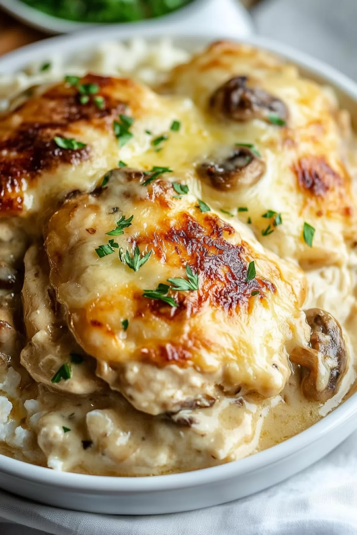 Hearty and comforting baked chicken dish, topped with melted cheese and creamy sauce.