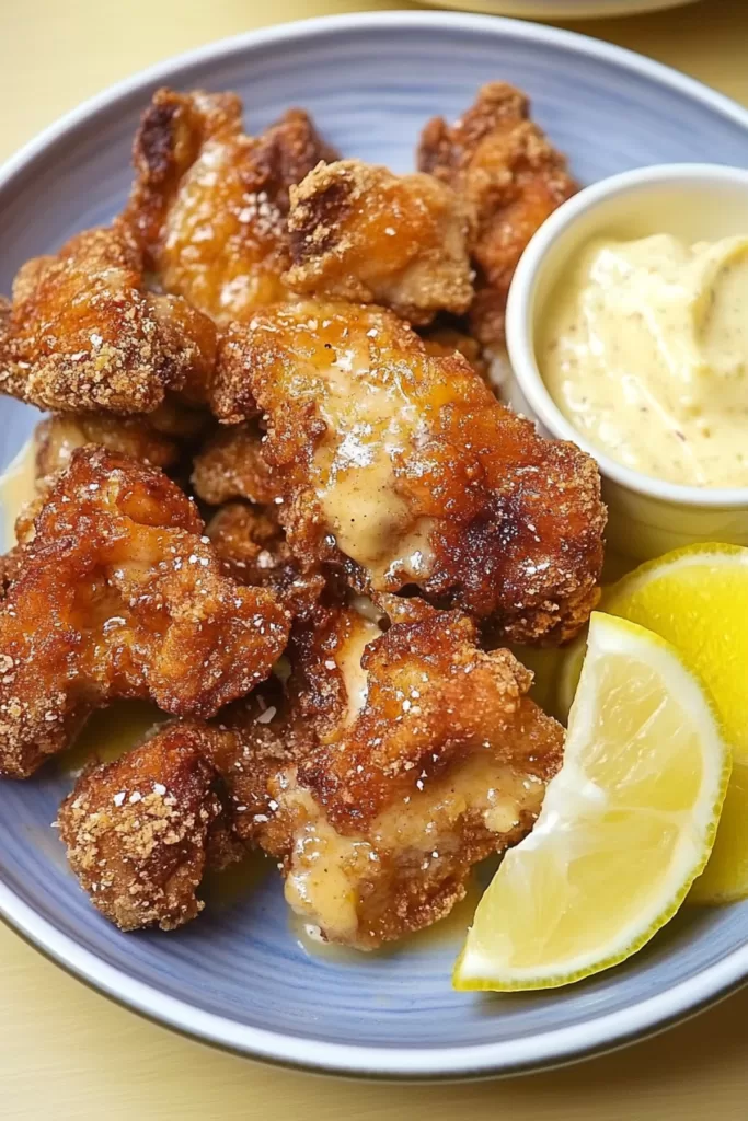 Golden, crispy fried chicken pieces served with a wedge of lemon and dipping sauce.