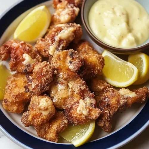 A plate of crispy chicken garnished with fresh herbs, perfect for snacking.