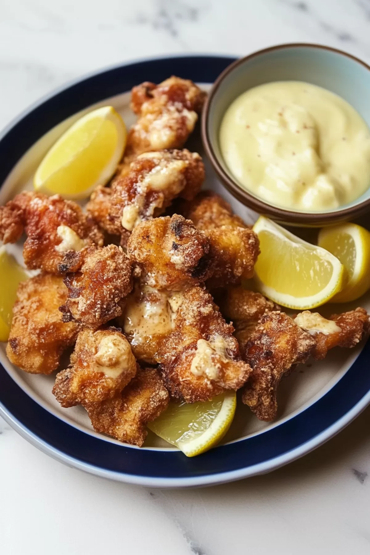 A plate of crispy chicken garnished with fresh herbs, perfect for snacking.