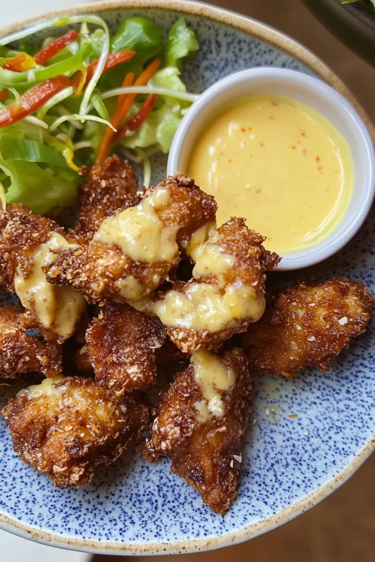 A flavorful appetizer featuring perfectly fried chicken pieces and a tangy dipping sauce.