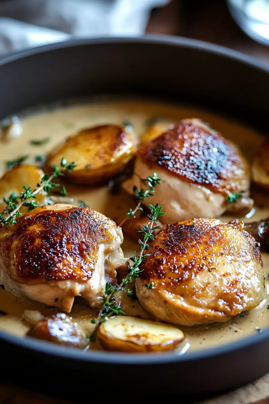 Golden-browned chicken thighs with a creamy sauce and tender potatoes, garnished with fresh thyme.