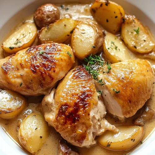 Close-up of seared chicken pieces in a rich, herb-infused sauce with sliced potatoes.