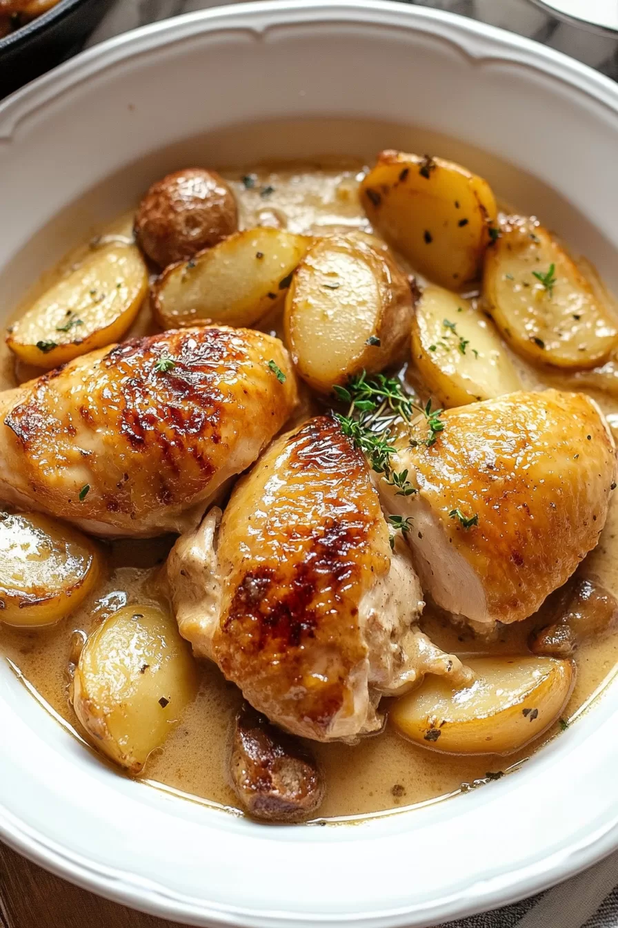 Close-up of seared chicken pieces in a rich, herb-infused sauce with sliced potatoes.