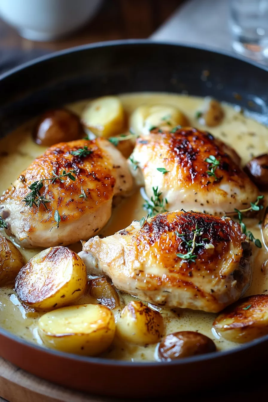 Skillet with crispy chicken and caramelized potatoes, bathing in a savory cream sauce.