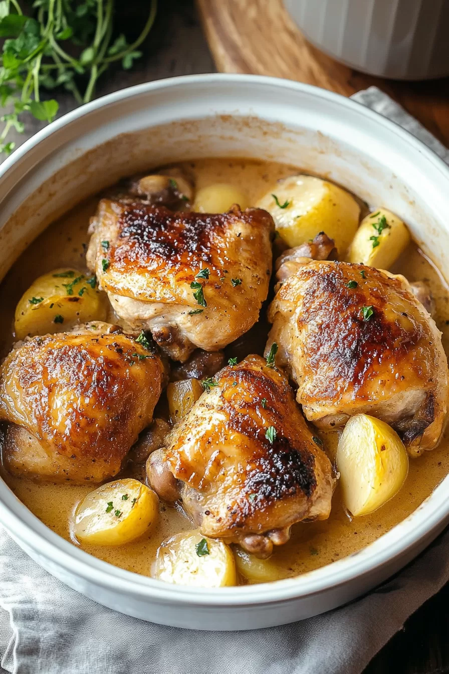 Baked chicken and potatoes with a silky sauce, topped with fresh herbs for added flavor.