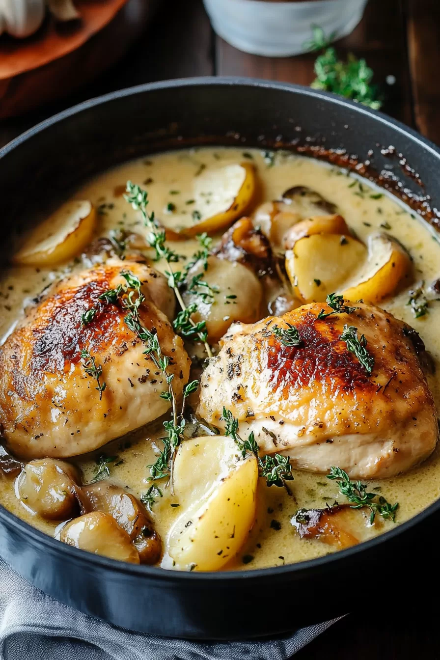 Juicy chicken thighs resting in a creamy sauce with tender potatoes, garnished with sprigs of thyme."