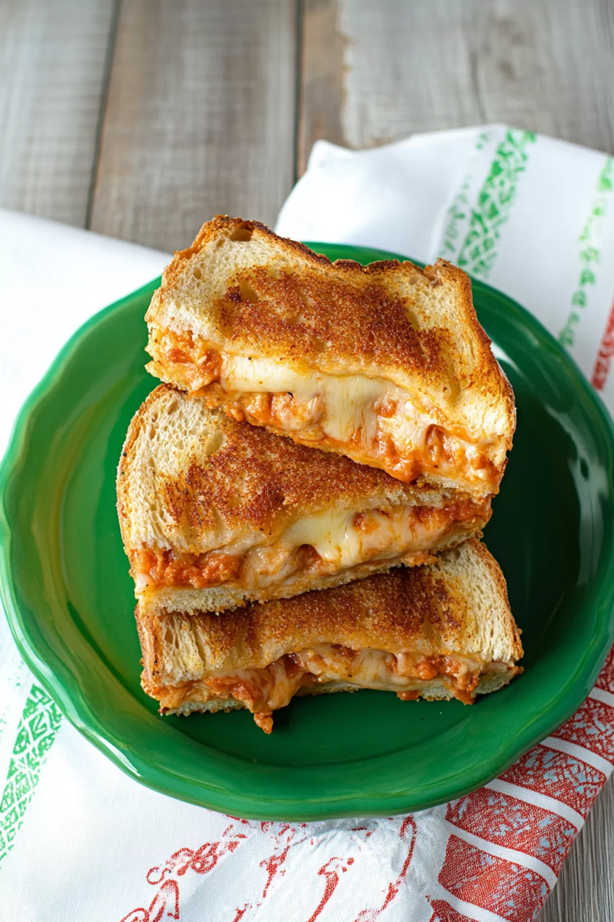 Sliced sandwich revealing a cheesy, chicken-filled interior with a crunchy bread crust.