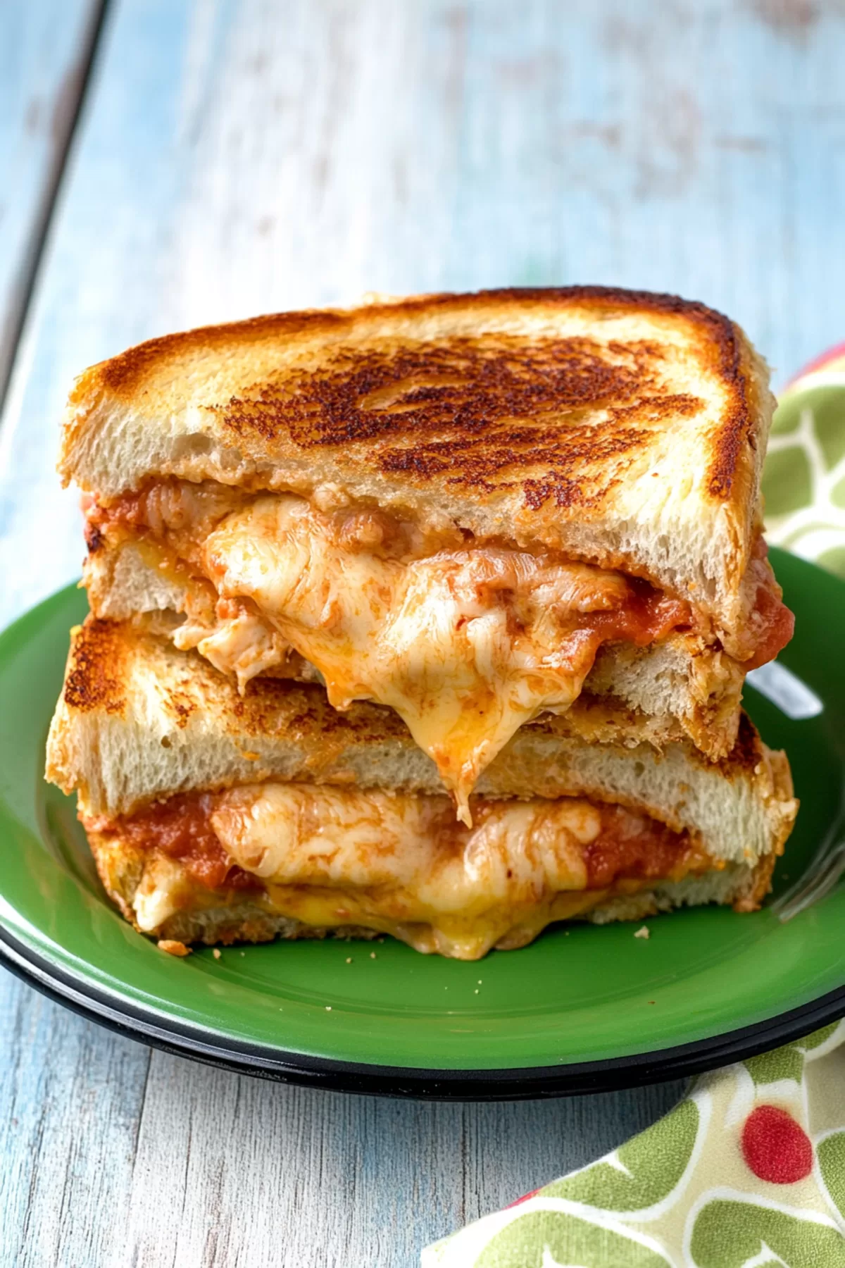 A hearty sandwich with layers of chicken, cheese, and marinara, toasted to perfection.