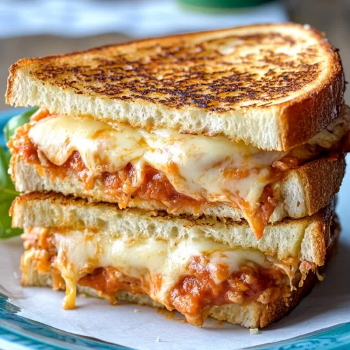 Close-up of a grilled sandwich with a gooey cheese pull and tomato sauce.