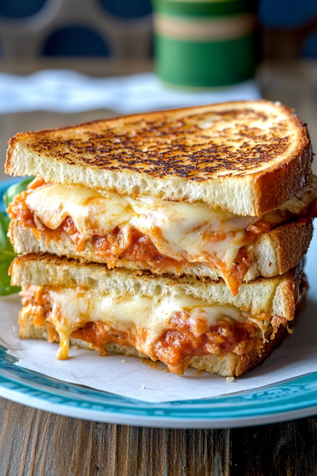 Close-up of a grilled sandwich with a gooey cheese pull and tomato sauce.