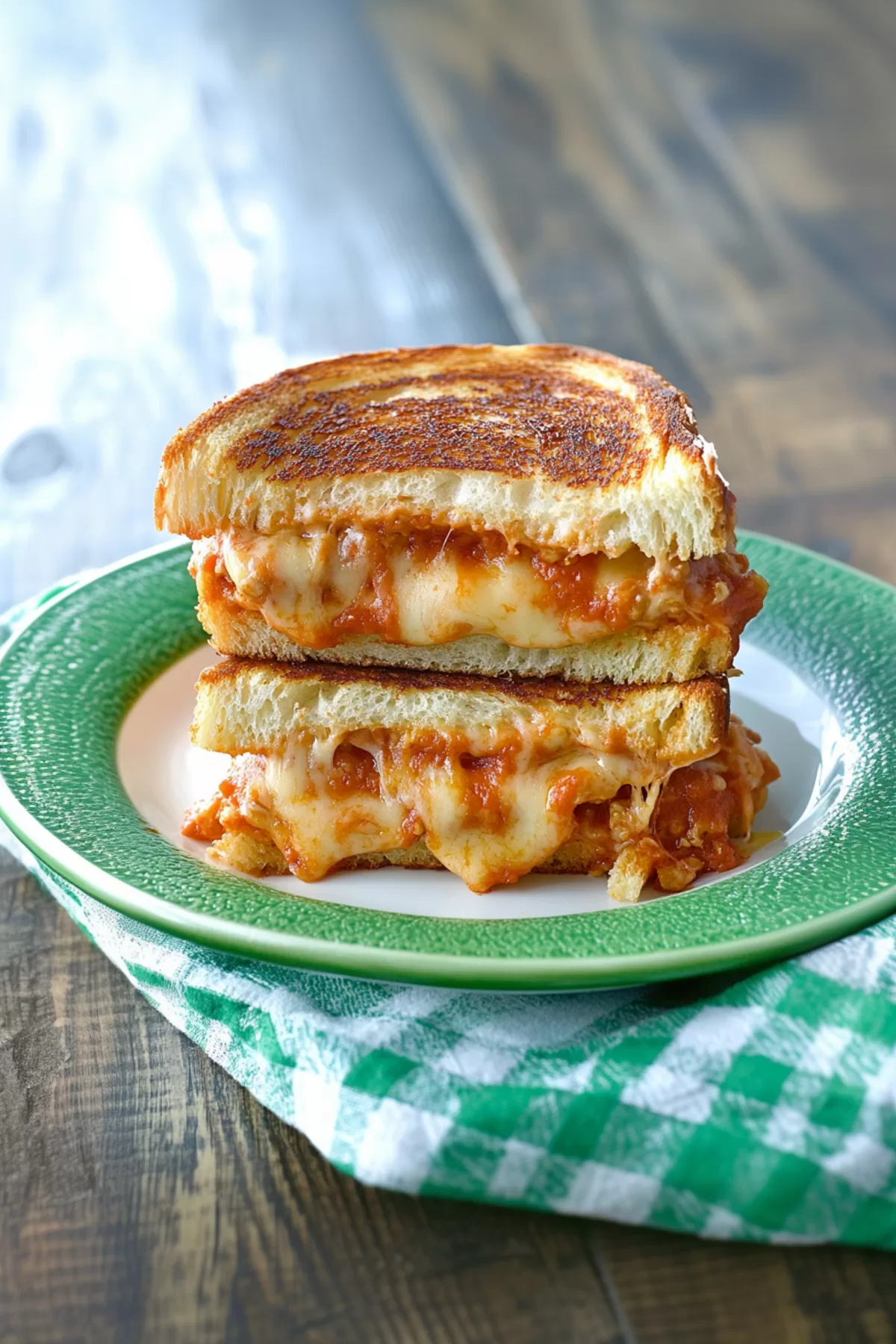 Grilled sandwich oozing with melted cheese and rich tomato sauce, perfect for comfort food.