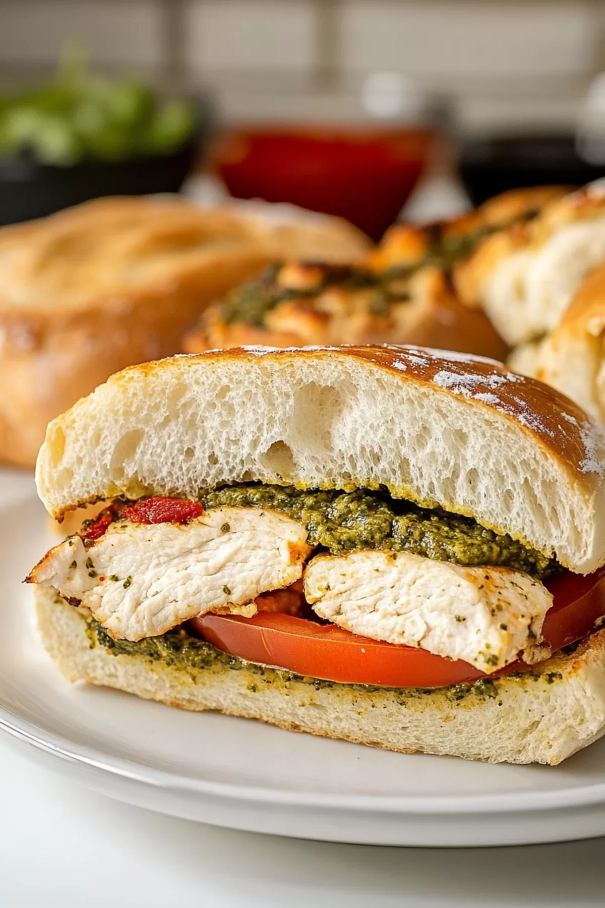 A toasted sandwich with juicy chicken, fresh greens, and creamy pesto sauce.