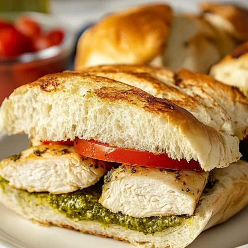 Close-up of a golden sandwich filled with tender chicken and vibrant green pesto.