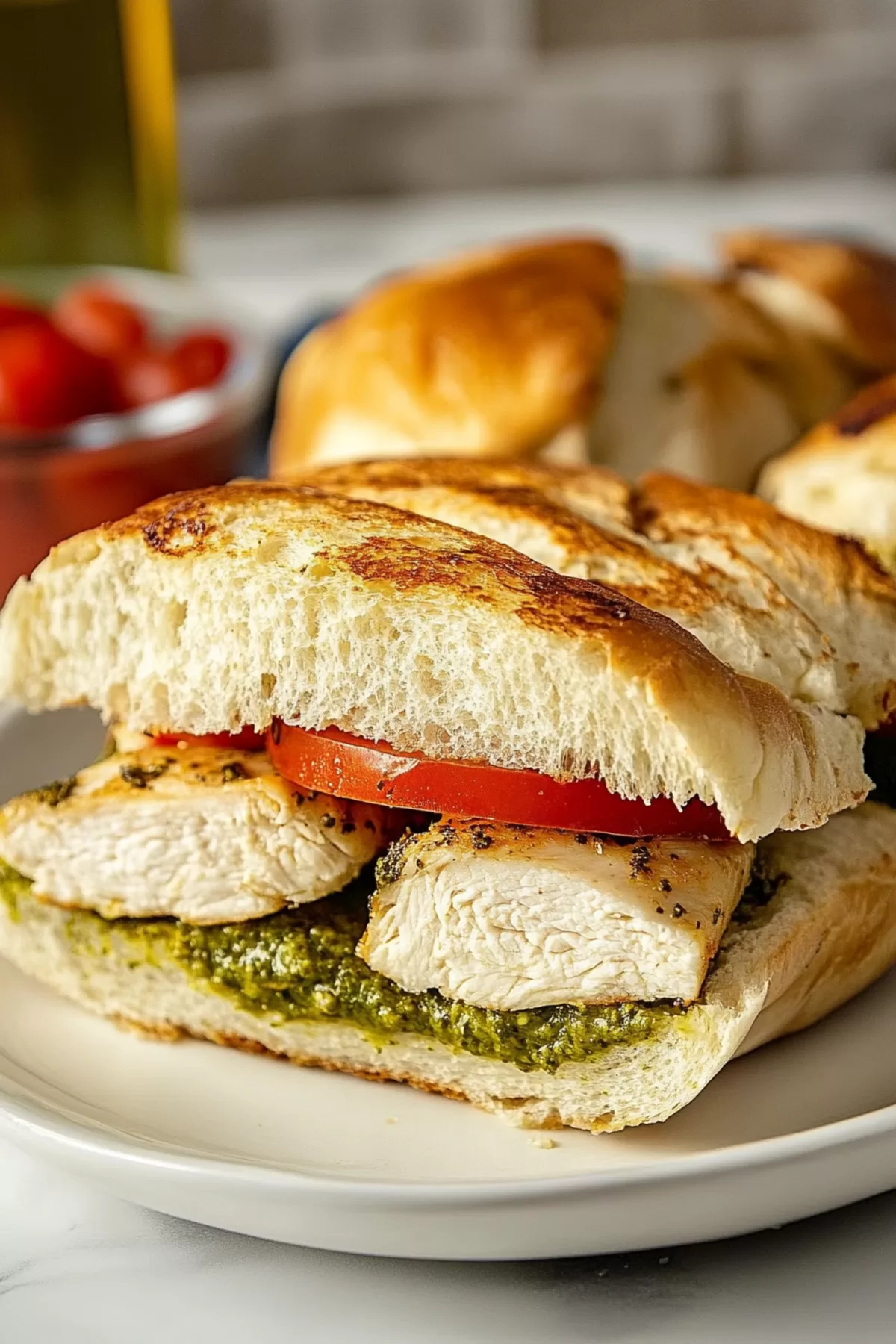 Close-up of a golden sandwich filled with tender chicken and vibrant green pesto.