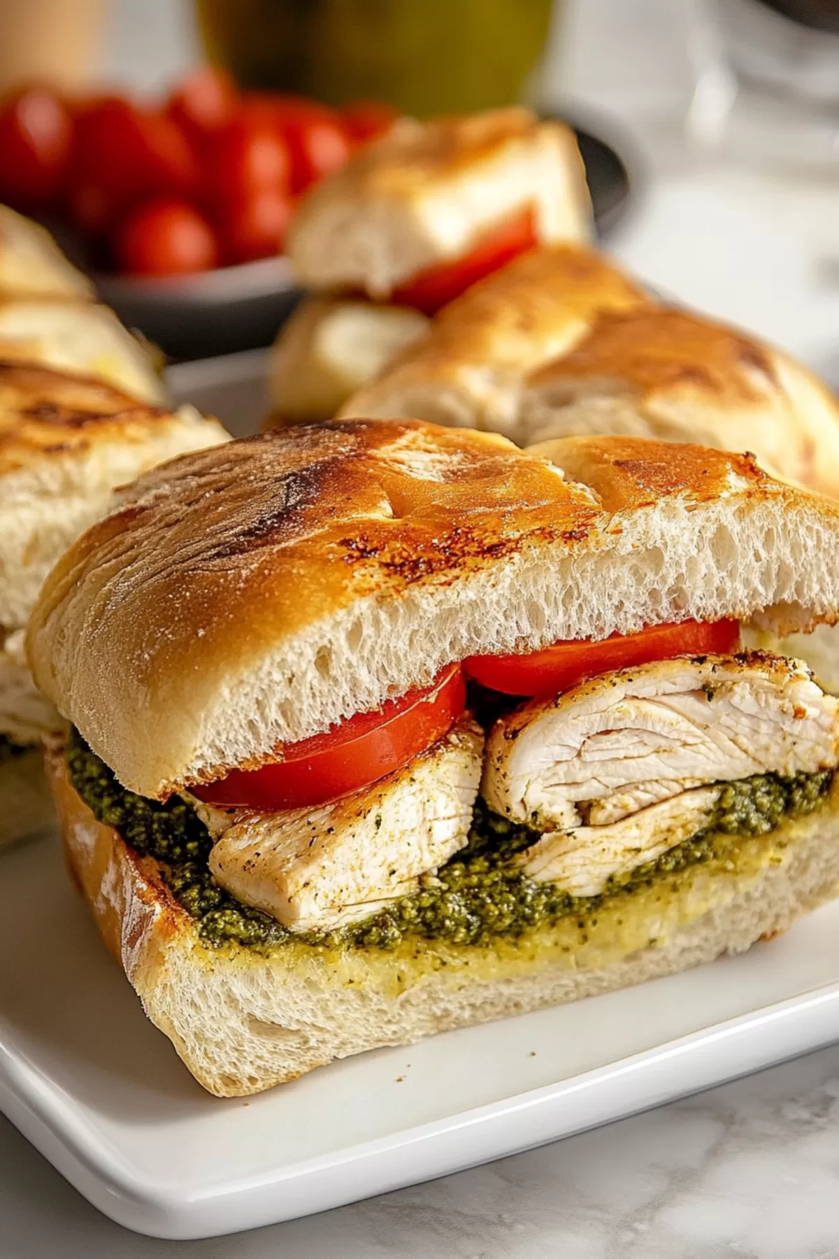 A hearty sandwich layered with grilled chicken, melted cheese, and pesto on crusty bread.