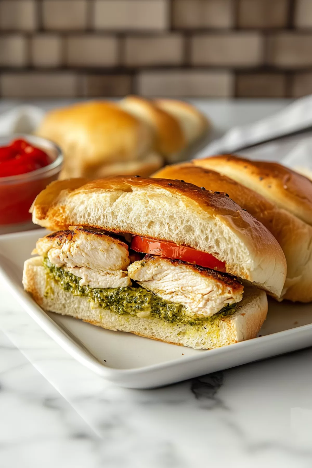 Sliced sandwich showcasing layers of chicken, fresh basil, and a rich pesto spread.