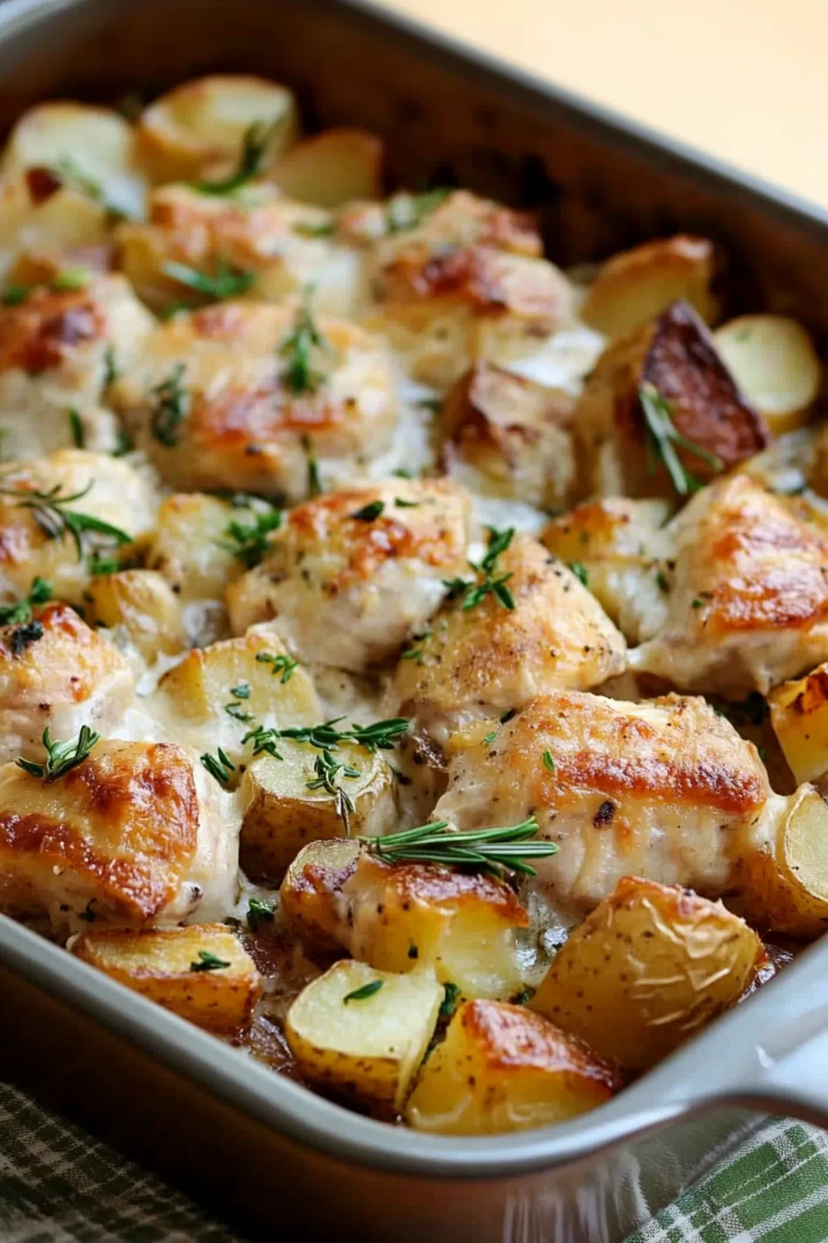 A hearty baked dish showcasing tender chicken and crispy potatoes, topped with vibrant parsley for a fresh finish.