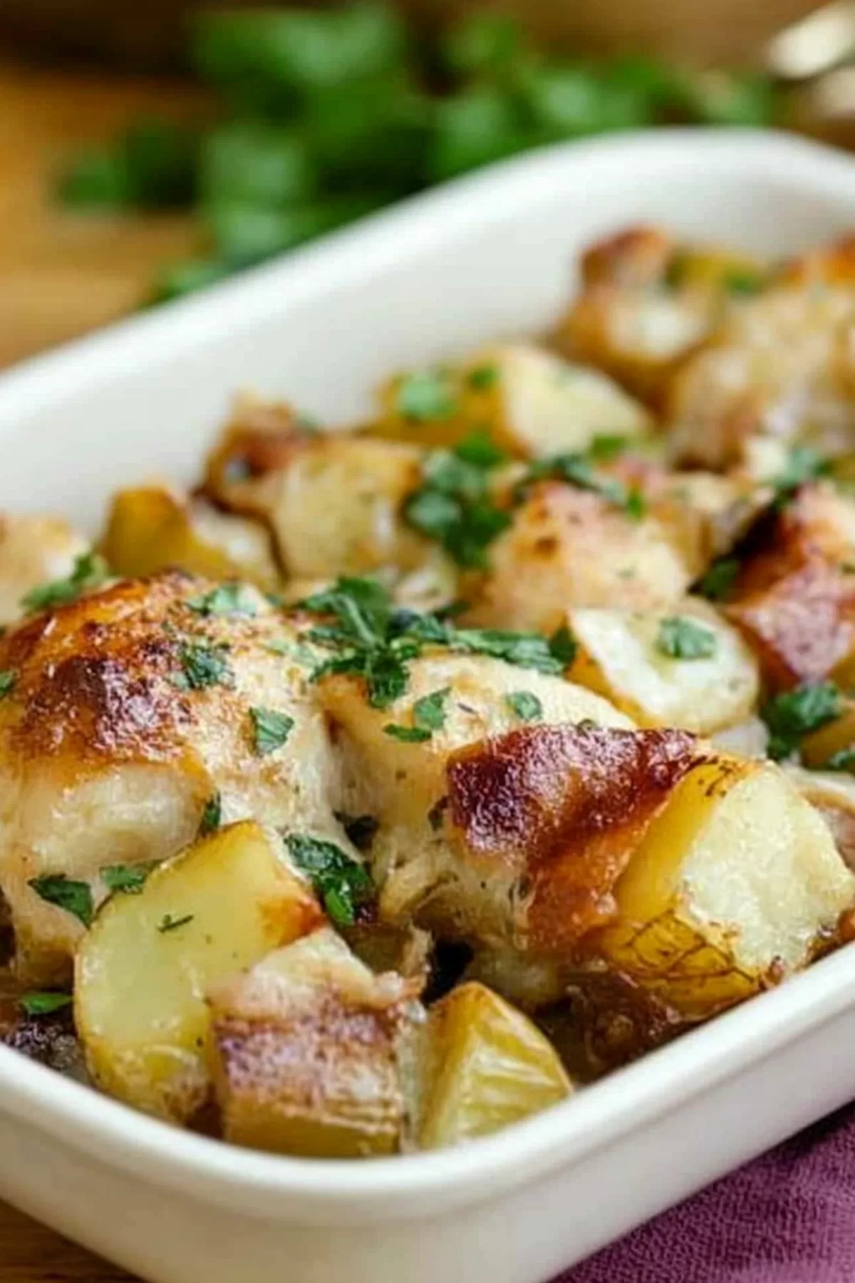 Juicy baked chicken surrounded by perfectly roasted potatoes in a white casserole dish, sprinkled with herbs for added flavor