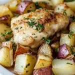 A close-up of golden-brown chicken pieces nestled among roasted potatoes, garnished with fresh rosemary sprigs in a baking dish.