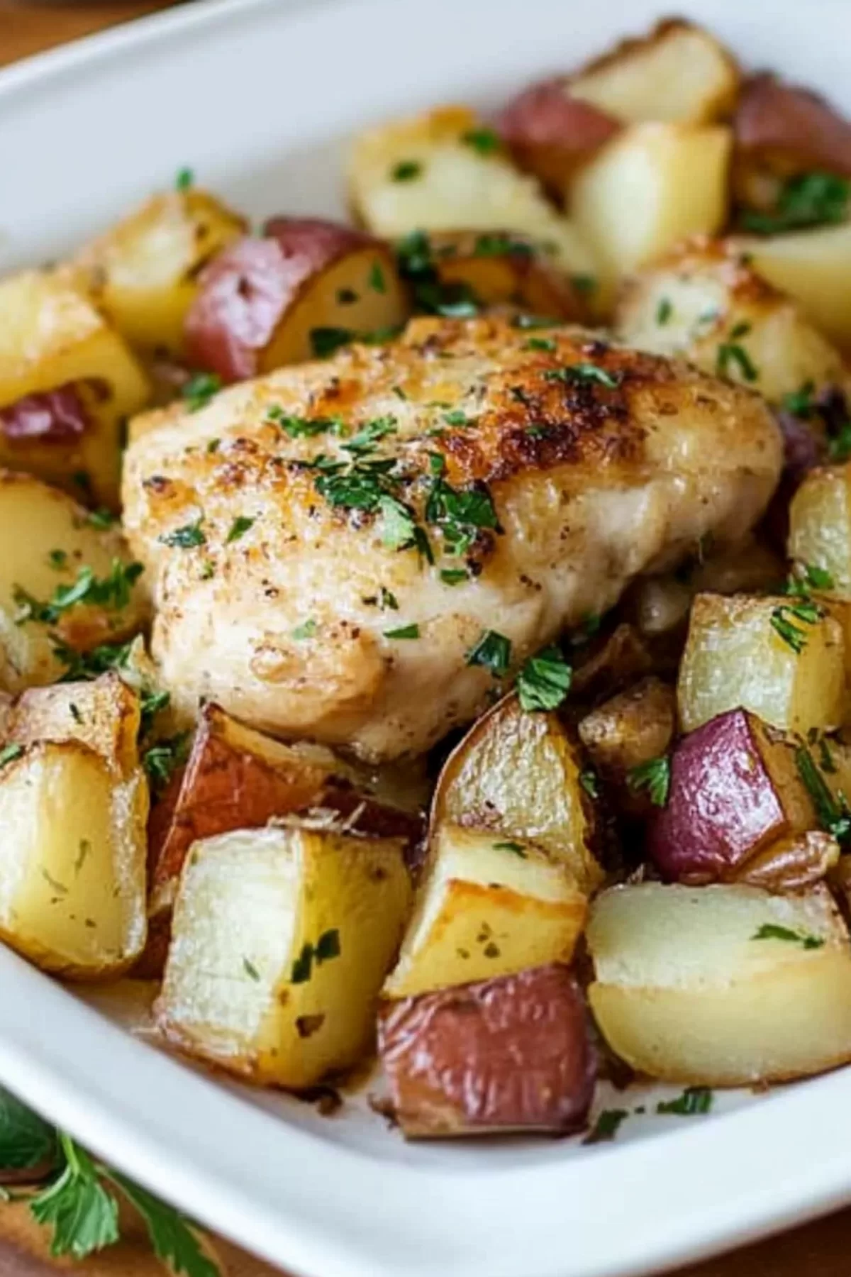 A close-up of golden-brown chicken pieces nestled among roasted potatoes, garnished with fresh rosemary sprigs in a baking dish.