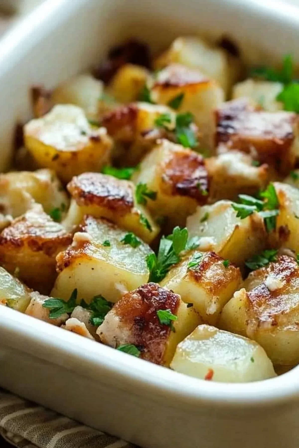 A rustic presentation of baked chicken and potatoes, featuring crispy edges and a sprinkle of freshly chopped parsley.