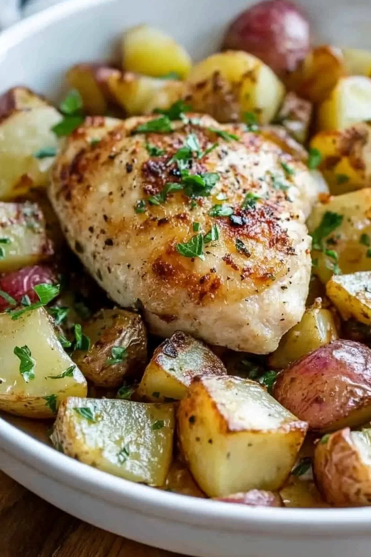 A serving of chicken and potato bake in a dish, highlighting the golden, crispy texture of the potatoes and the rich, savory glaze on the chicken.