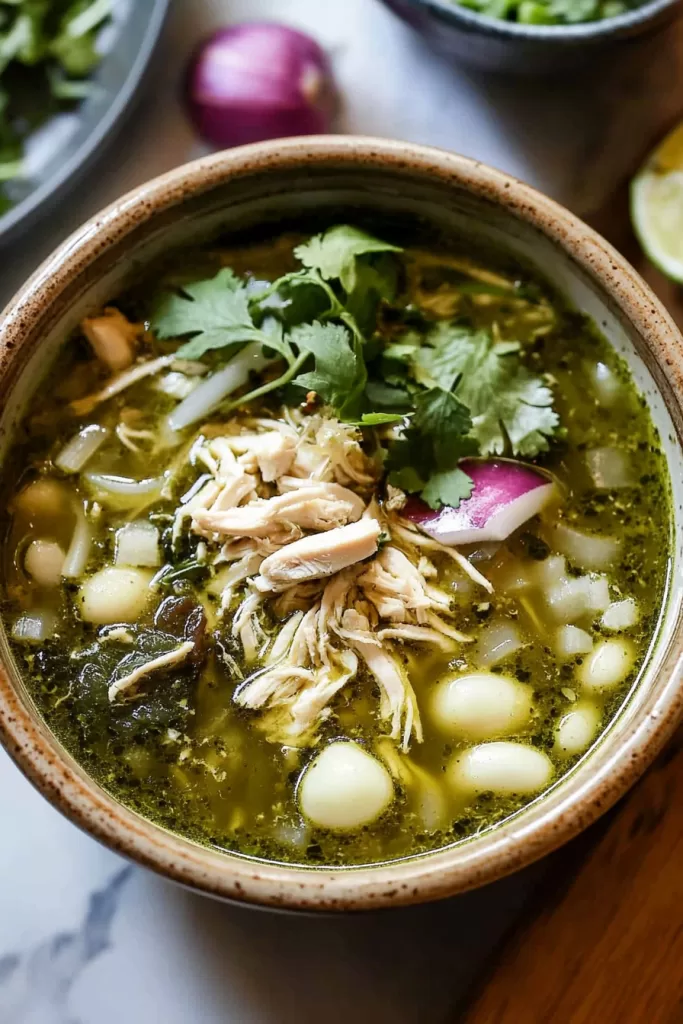 Bowl of vibrant green pozole with tender chicken, hominy, and fresh radish slices on top.