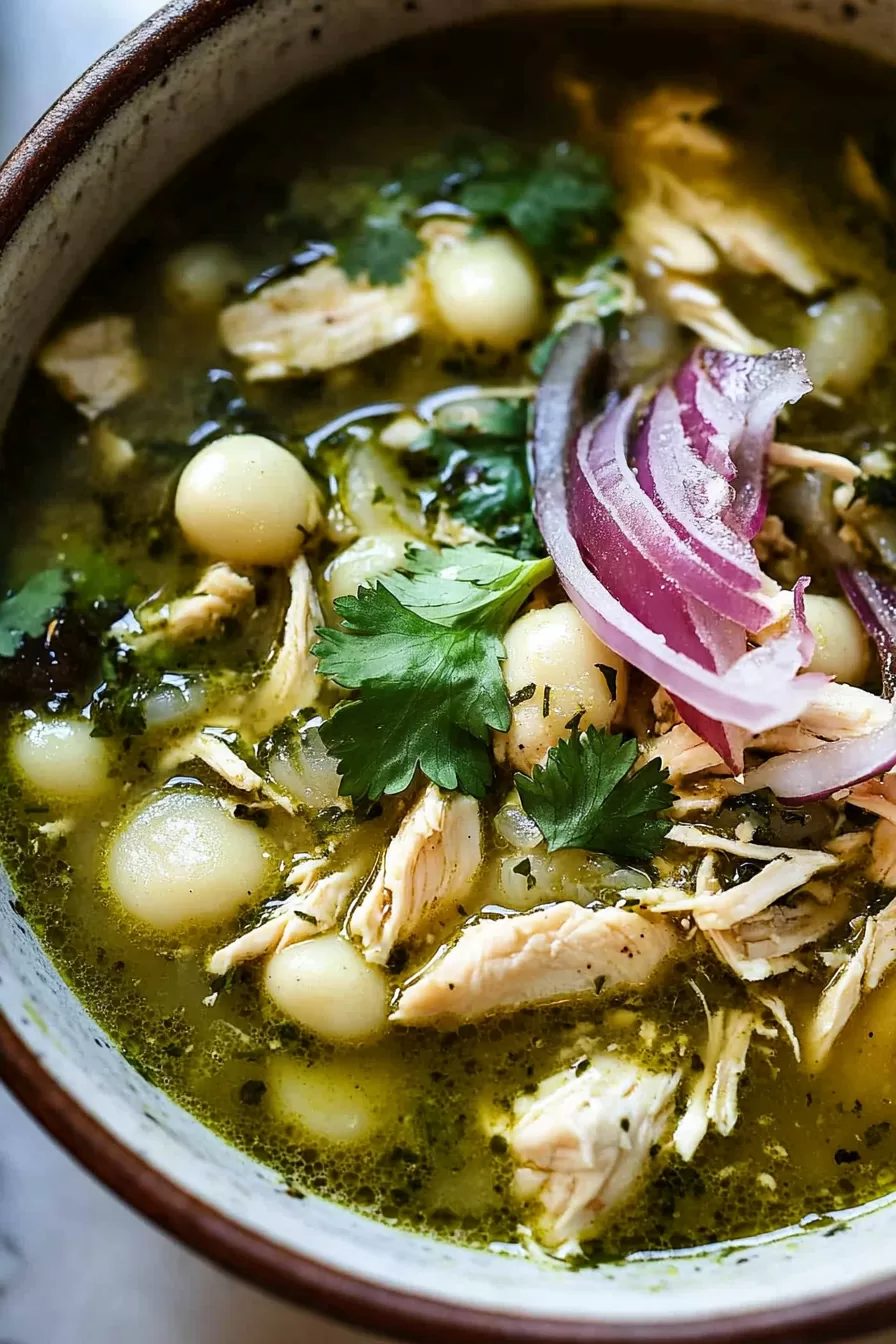 Close-up of a steaming bowl of green pozole garnished with shredded lettuce and cilantro.