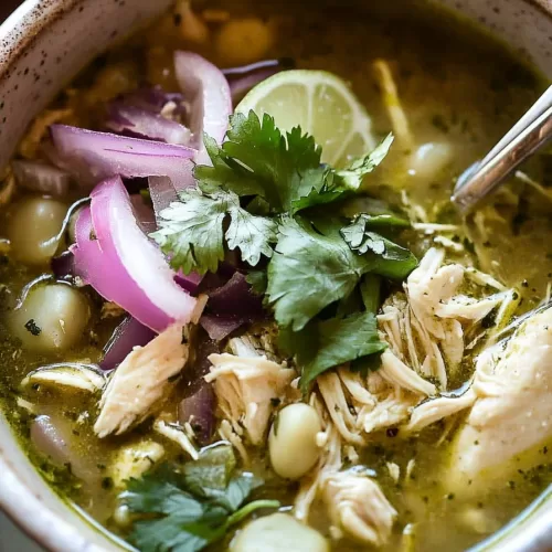 Hearty serving of chicken pozole verde, topped with lime wedges and sliced avocado.